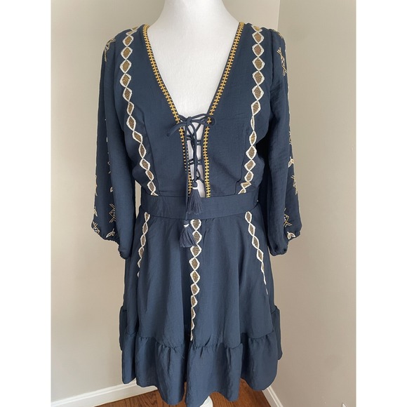 Dress Forum M Navy Embroidered Corset Tie Front Short Boho Hippie Alpine Oktober - Picture 3 of 16